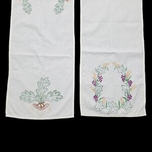 Vintage Autumn Table Runner Set Of 2 Grape Acorn Foliage Screenprint Fall 44"